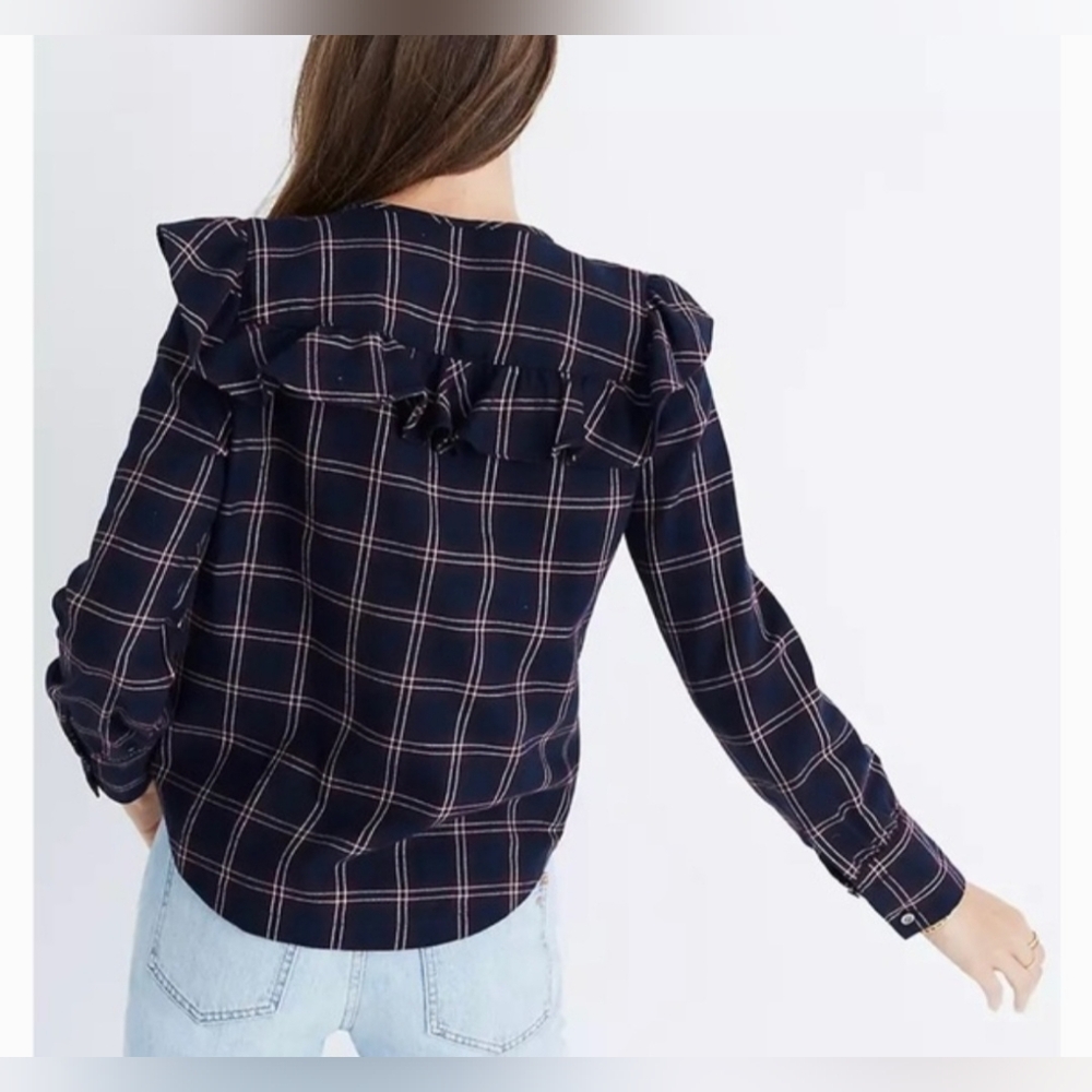XL Madewell 100% Cotton Berkshire Plaid Ruffle Yoke Button Down Long Sleeve - Picture 2 of 8